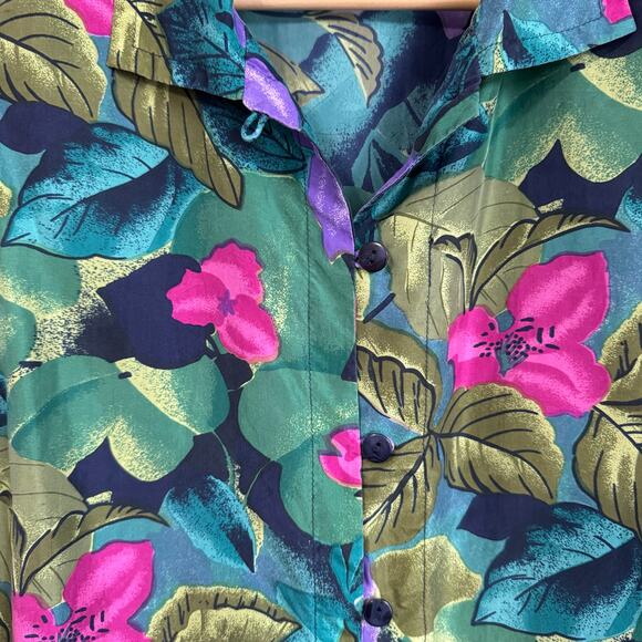 Vintage Women's Silk Shirt Large Floral Button Down Tropical Shoulder Pads 80s - Picture 3 of 10